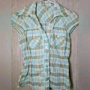 Y2K Max Love khaki and blue striped blouse size small.